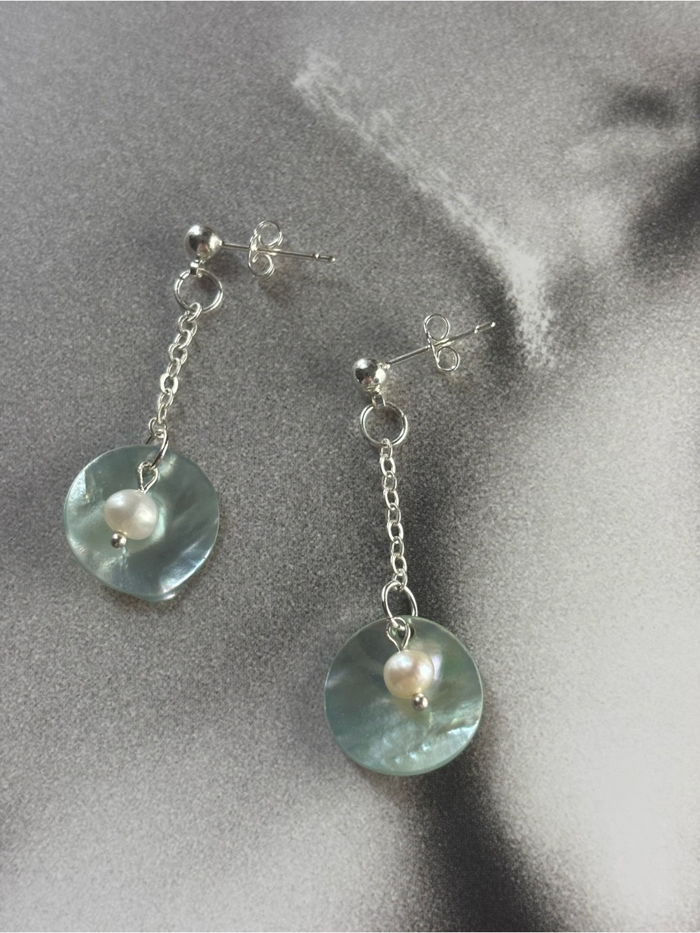 Silver Chain Drop Earrings with Pale Seafoam Shell Discs and Pearl